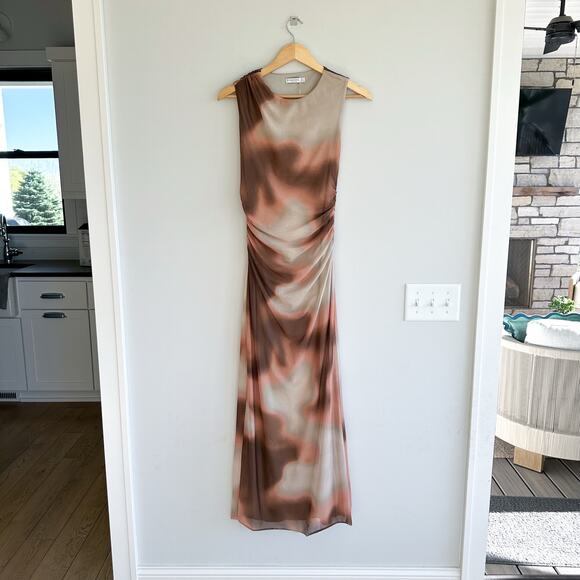 Stradivarius Mesh Marble Tie Dye Sleeveless Ruched Bodycon Maxi Dress Brown S - Picture 1 of 9